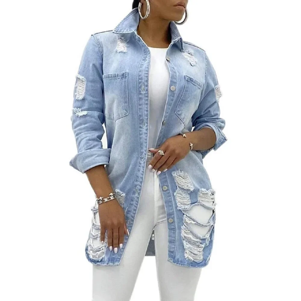 Distressed Denim Trucker Jacket with Fray Hem Tassels, Long Sleeve
